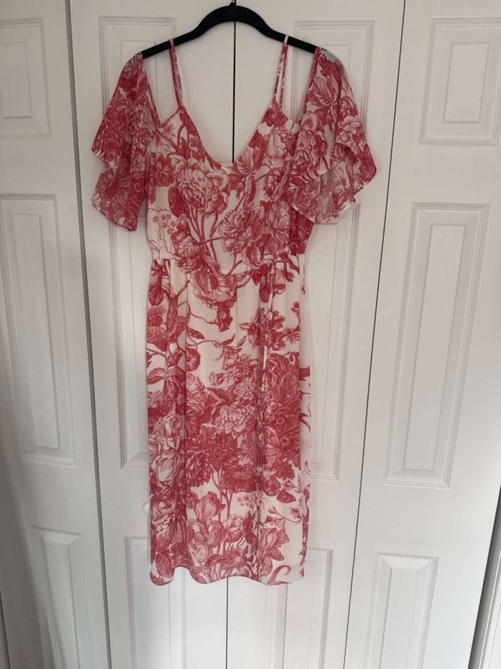 LOFT White Midi Dress with Red Floral Print